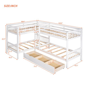 English Elm Twin L-shaped Bunk Bed Sleeps Four with Storage Drawers Mission Style Pine Frame White LT000038AAK
