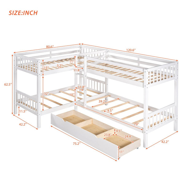 English Elm Twin L-shaped Bunk Bed Sleeps Four with Storage Drawers Mission Style Pine Frame White LT000038AAK