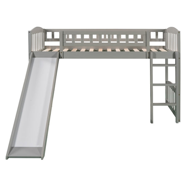 English Elm Twin Loft Bed with Built-in Slide Ladder Pine Wood Frame Kids Bedroom Gray N708P242135E