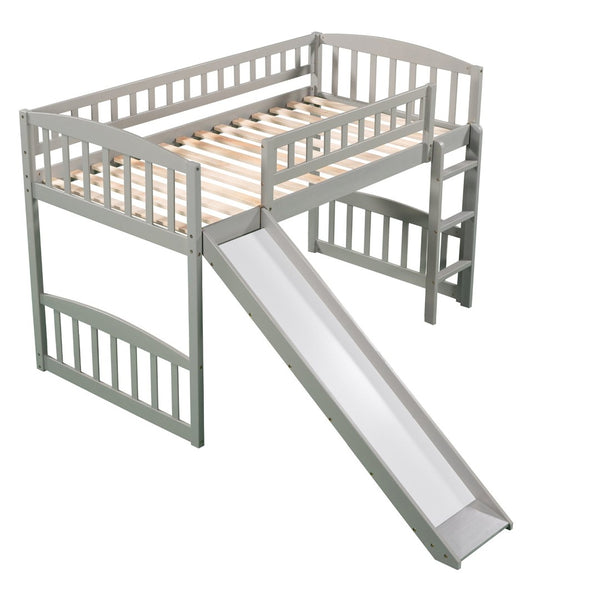 English Elm Twin Loft Bed with Built-in Slide Ladder Pine Wood Frame Kids Bedroom Gray N708P242135E