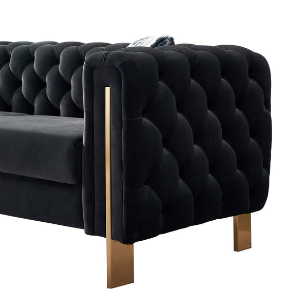 English Elm Chesterfield Modern Tufted Velvet Sofa with Gold Legs, Sleek Upholstered Accent for Living Room Black W57947394
