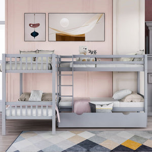 English Elm Twin L-shaped Bunk Bed Sleeps Four with Storage Drawers Mission Style Pine Frame Gray LT000038AAE