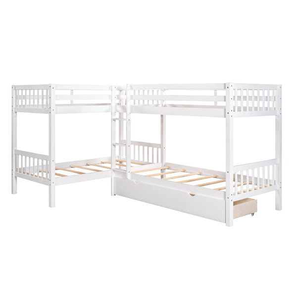 English Elm Twin L-shaped Bunk Bed Sleeps Four with Storage Drawers Mission Style Pine Frame White LT000038AAK
