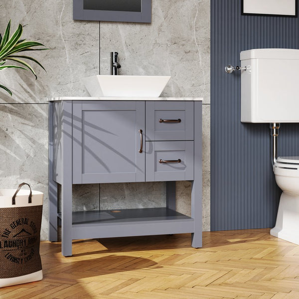 English Elm 30in Dark Hydron Blue Bathroom Vanity w/ Marble Pattern Top, Soft-Close Hinges, Bronze Handles W122346708