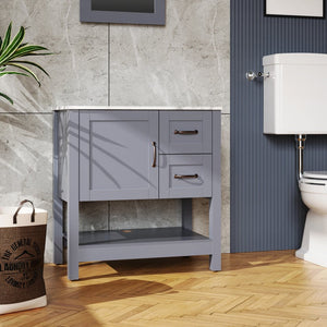 English Elm 30in Dark Hydron Blue Bathroom Vanity w/ Marble Pattern Top, Soft-Close Hinges, Bronze Handles W122346708