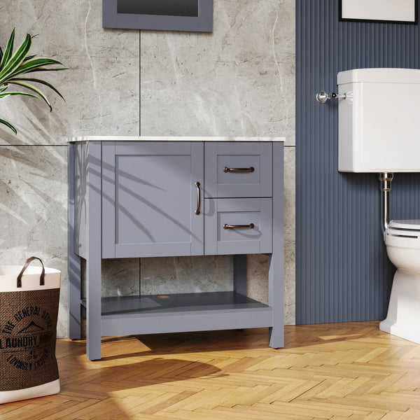 English Elm 30in Dark Hydron Blue Bathroom Vanity w/ Marble Pattern Top, Soft-Close Hinges, Bronze Handles W122346708