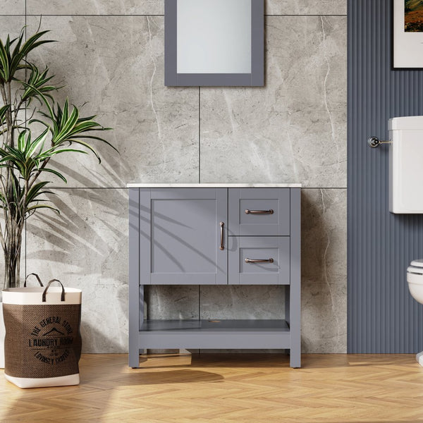 English Elm 30in Dark Hydron Blue Bathroom Vanity w/ Marble Pattern Top, Soft-Close Hinges, Bronze Handles W122346708