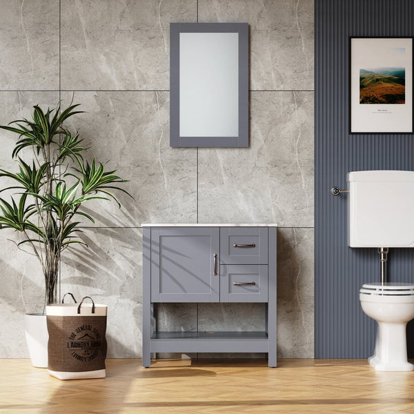English Elm 30in Dark Hydron Blue Bathroom Vanity w/ Marble Pattern Top, Soft-Close Hinges, Bronze Handles W122346708