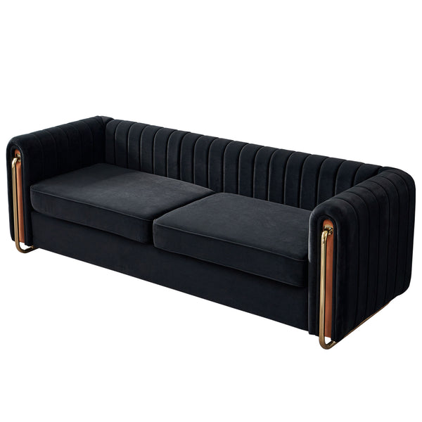 English Elm Contemporary Velvet Sofa with Channel-Tufted Seats and Polished Gold Legs for Modern Living Room Decor Black W57946163