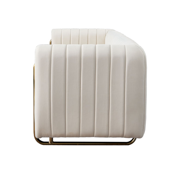 English Elm Contemporary Velvet Sofa with Channel-Tufted Seats and Polished Gold Legs for Modern Living Room Decor Beige W57946164