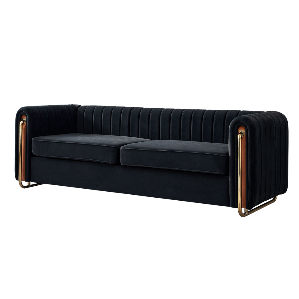 English Elm Contemporary Velvet Sofa with Channel-Tufted Seats and Polished Gold Legs for Modern Living Room Decor Black W57946163