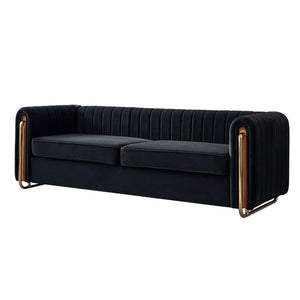 English Elm Contemporary Velvet Sofa with Channel-Tufted Seats and Polished Gold Legs for Modern Living Room Decor Black W57946163