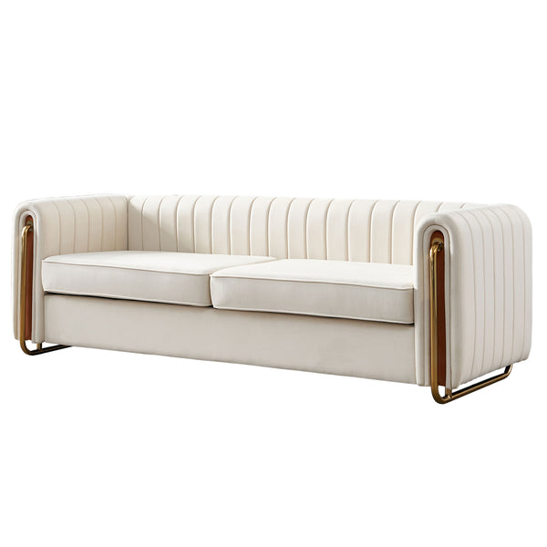 English Elm Contemporary Velvet Sofa with Channel-Tufted Seats and Polished Gold Legs for Modern Living Room Decor Beige W57946164
