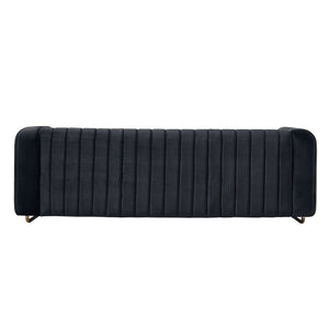 English Elm Contemporary Velvet Sofa with Channel-Tufted Seats and Polished Gold Legs for Modern Living Room Decor Black W57946163