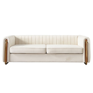 English Elm Contemporary Velvet Sofa with Channel-Tufted Seats and Polished Gold Legs for Modern Living Room Decor Beige W57946164
