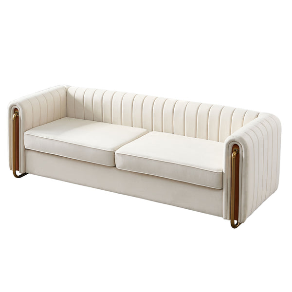 English Elm Contemporary Velvet Sofa with Channel-Tufted Seats and Polished Gold Legs for Modern Living Room Decor Beige W57946164