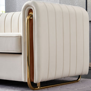 English Elm Contemporary Velvet Sofa with Channel-Tufted Seats and Polished Gold Legs for Modern Living Room Decor Beige W57946164
