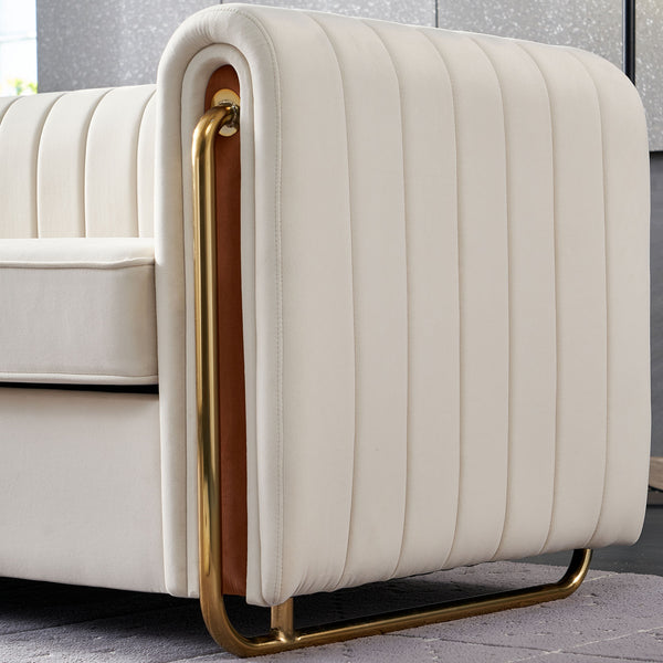 English Elm Contemporary Velvet Sofa with Channel-Tufted Seats and Polished Gold Legs for Modern Living Room Decor Beige W57946164