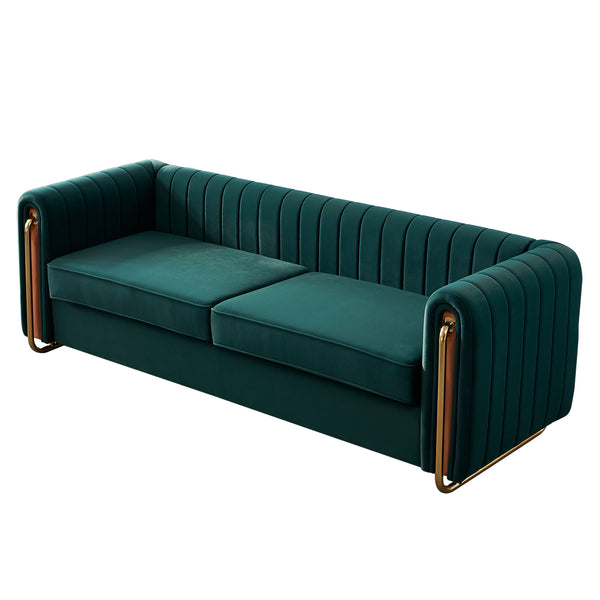 English Elm Contemporary Velvet Sofa with Channel-Tufted Seats and Polished Gold Legs for Modern Living Room Decor Green W57946169