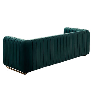 English Elm Contemporary Velvet Sofa with Channel-Tufted Seats and Polished Gold Legs for Modern Living Room Decor Green W57946169