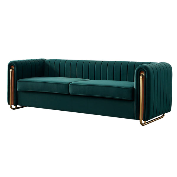 English Elm Contemporary Velvet Sofa with Channel-Tufted Seats and Polished Gold Legs for Modern Living Room Decor Green W57946169