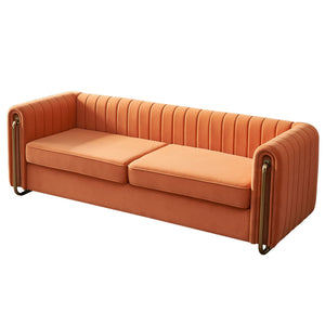 English Elm Contemporary Velvet Channel-Tufted 84.25" Sofa Couch in Orange with Golden Legs, 3-Seater Comfort W57946170