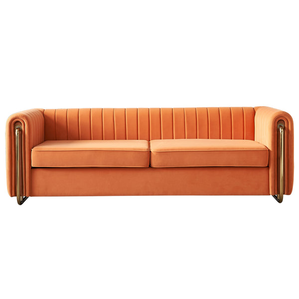 English Elm Contemporary Velvet Channel-Tufted 84.25" Sofa Couch in Orange with Golden Legs, 3-Seater Comfort W57946170