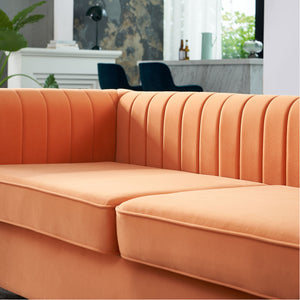English Elm Contemporary Velvet Channel-Tufted 84.25" Sofa Couch in Orange with Golden Legs, 3-Seater Comfort W57946170