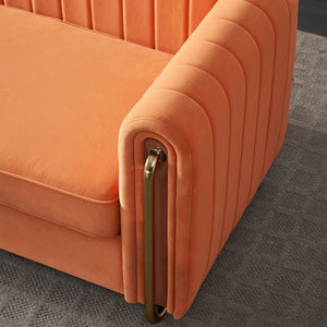 English Elm Contemporary Velvet Channel-Tufted 84.25" Sofa Couch in Orange with Golden Legs, 3-Seater Comfort W57946170