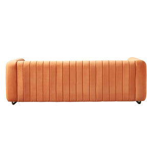English Elm Contemporary Velvet Channel-Tufted 84.25" Sofa Couch in Orange with Golden Legs, 3-Seater Comfort W57946170
