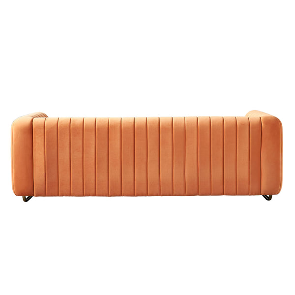 English Elm Contemporary Velvet Channel-Tufted 84.25" Sofa Couch in Orange with Golden Legs, 3-Seater Comfort W57946170