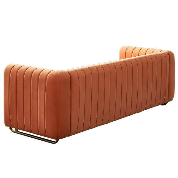 English Elm Contemporary Velvet Channel-Tufted 84.25" Sofa Couch in Orange with Golden Legs, 3-Seater Comfort W57946170