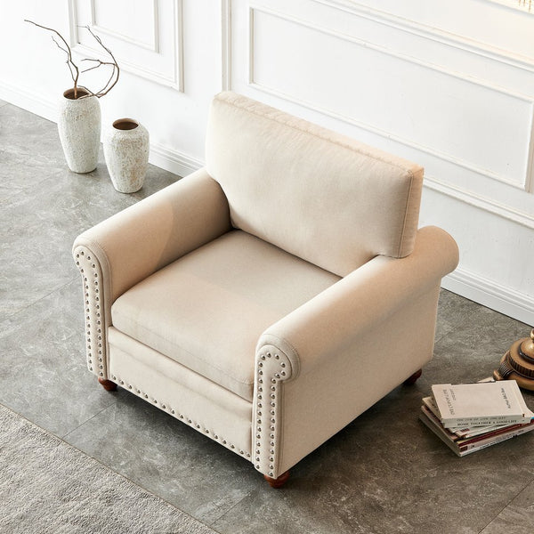 English Elm Living Room Sofa Single Seat Chair with Solid Wood Frame, Plush Polyester Upholstery, 300lb Capacity Beige W109747328