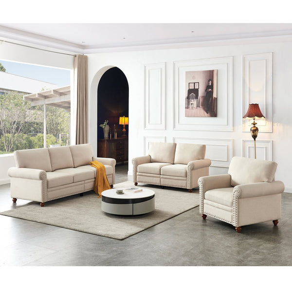 English Elm Linen Fabric Sectional Sofa With Storage - Stylish 1+2+3 Seating For Comfort & Organization W1097S00059