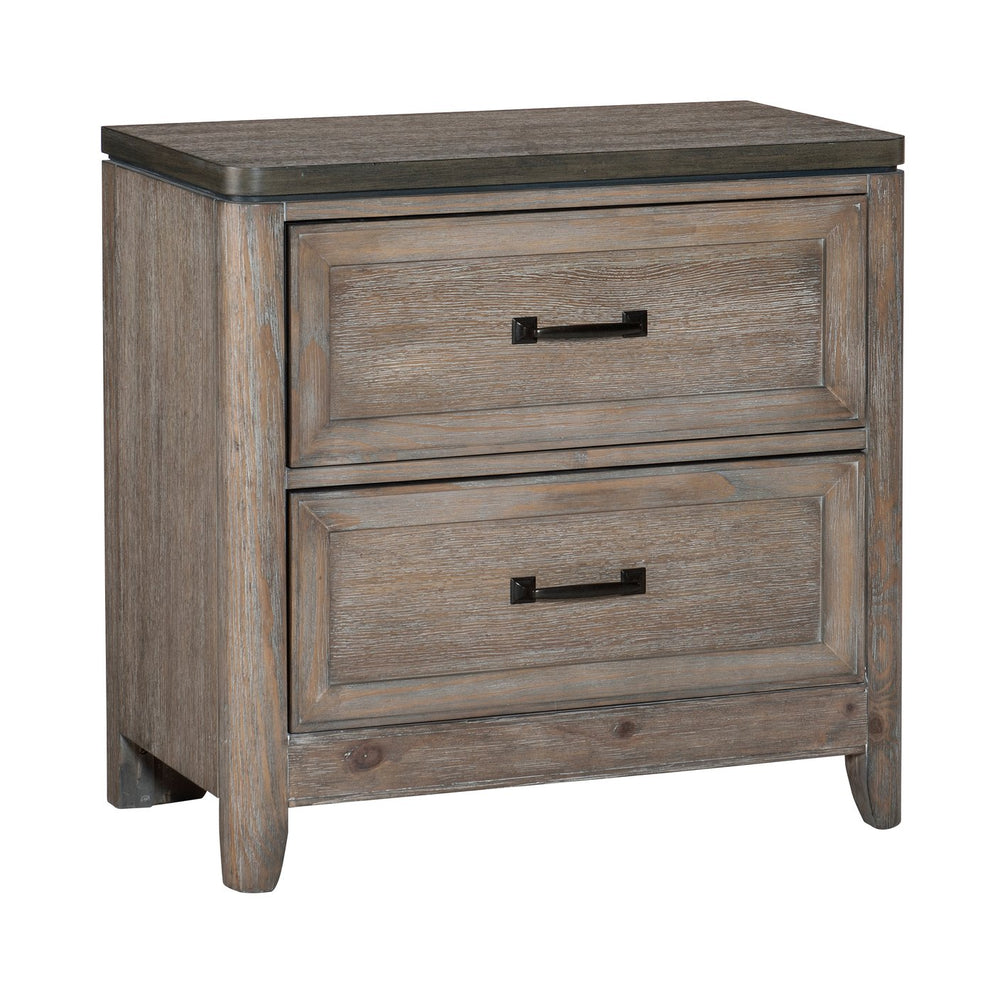 English Elm Transitional Two-Tone Gray & Oak Nightstand with 2 Drawers, Recessed Molding, Metal Bar Handles, 30"x17"x29" B01155797