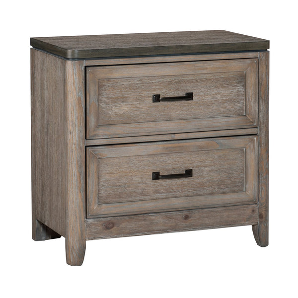 English Elm Transitional Two-Tone Gray & Oak Nightstand with 2 Drawers, Recessed Molding, Metal Bar Handles, 30"x17"x29" B01155797