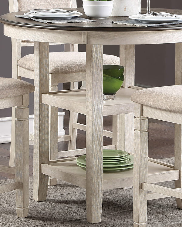 English Elm Brown Asher 42" Round Counter Height Table with Antique White Acacia Finish, 2 Display Shelves, Transitional Dining Accent B01155789