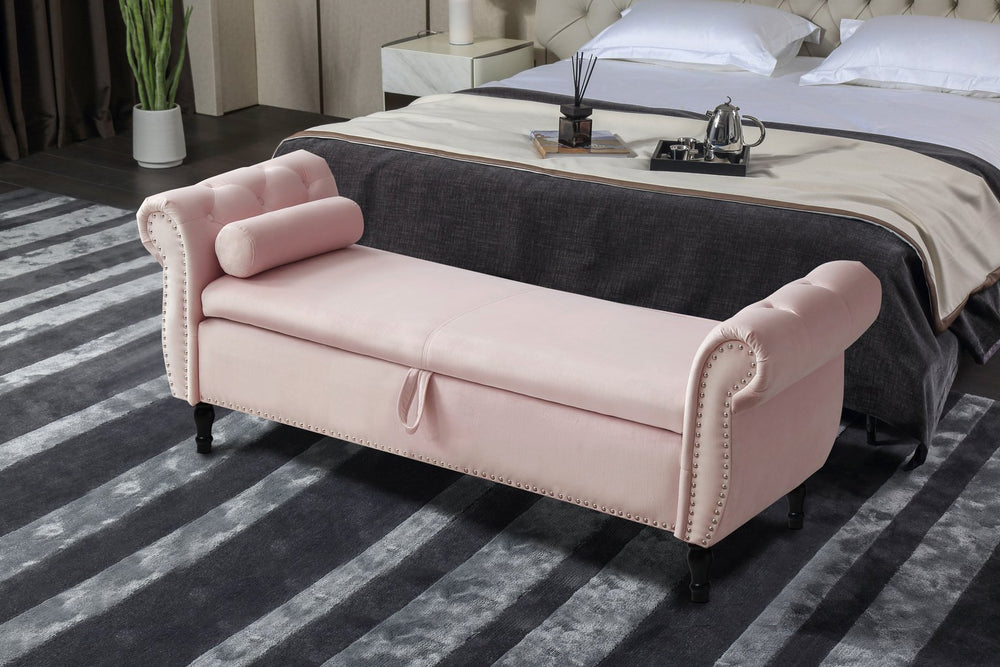 English Elm Aijia Velvet Storage Bench 63" Button-Tufted Nailhead Trim Ottoman with Pillow, Flip-Top Seat, Solid Wood Legs Light Pink W111749321