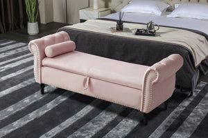 English Elm Aijia Velvet Storage Bench 63" Button-Tufted Nailhead Trim Ottoman with Pillow, Flip-Top Seat, Solid Wood Legs Light Pink W111749321