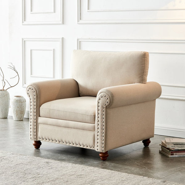English Elm Living Room Sofa Single Seat Chair with Solid Wood Frame, Plush Polyester Upholstery, 300lb Capacity Beige W109747328