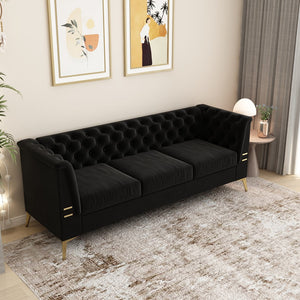 English Elm FX-P83-BK2(SOFA Luxurious Black Velvet 3-Seat Chesterfield Couch with Gold Legs, Tufted, Removable Cushions W576S00077