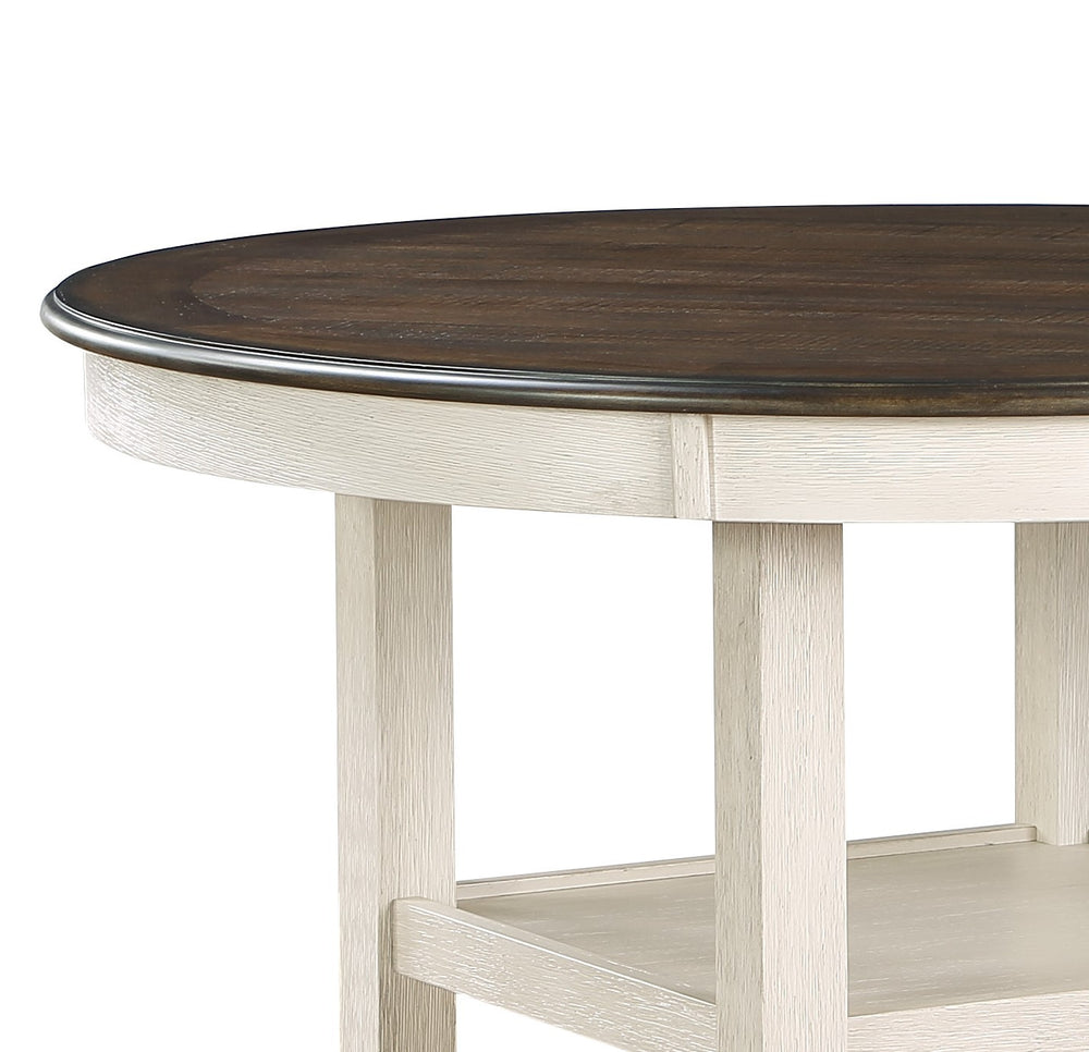 English Elm Brown Asher 42" Round Counter Height Table with Antique White Acacia Finish, 2 Display Shelves, Transitional Dining Accent B01155789
