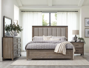 English Elm Transitional Two-Tone Gray & Oak Nightstand with 2 Drawers, Recessed Molding, Metal Bar Handles, 30"x17"x29" B01155797