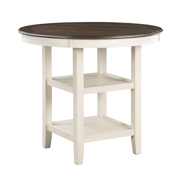 English Elm Brown Asher 42" Round Counter Height Table with Antique White Acacia Finish, 2 Display Shelves, Transitional Dining Accent B01155789