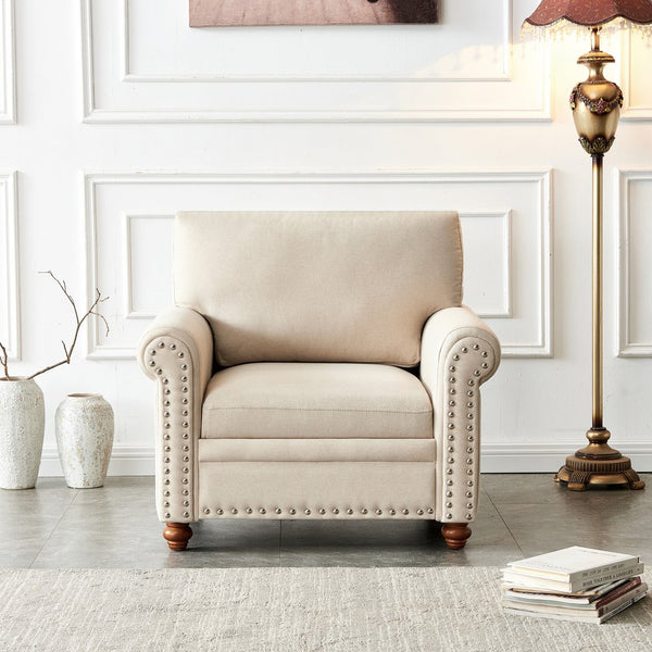 English Elm Living Room Sofa Single Seat Chair with Solid Wood Frame, Plush Polyester Upholstery, 300lb Capacity Beige W109747328