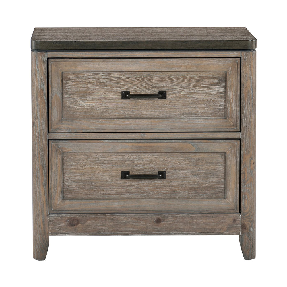 English Elm Transitional Two-Tone Gray & Oak Nightstand with 2 Drawers, Recessed Molding, Metal Bar Handles, 30"x17"x29" B01155797