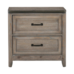 English Elm Transitional Two-Tone Gray & Oak Nightstand with 2 Drawers, Recessed Molding, Metal Bar Handles, 30"x17"x29" B01155797