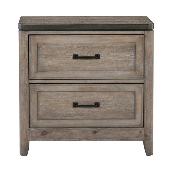 English Elm Transitional Two-Tone Gray & Oak Nightstand with 2 Drawers, Recessed Molding, Metal Bar Handles, 30"x17"x29" B01155797