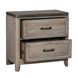 English Elm Transitional Two-Tone Gray & Oak Nightstand with 2 Drawers, Recessed Molding, Metal Bar Handles, 30"x17"x29" B01155797