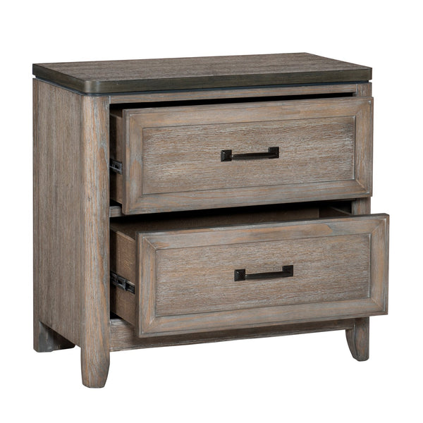 English Elm Transitional Two-Tone Gray & Oak Nightstand with 2 Drawers, Recessed Molding, Metal Bar Handles, 30"x17"x29" B01155797
